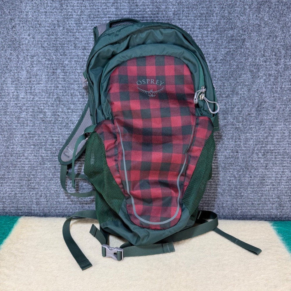 Osprey Daypack Backpack Green Red Buffalo Plaid Hiking Travel Bag